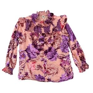 Ivy Jane Pink Purple Burnout Velvet Boho Floral Smocked High Neck Blouse Top XS